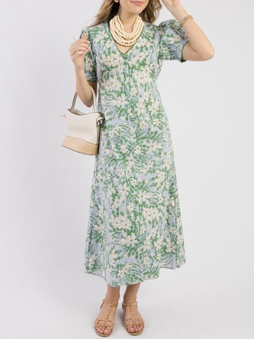 Women's Green Floral-Print V-Neck Dress