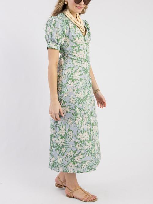Women's Green Floral-Print V-Neck Dress