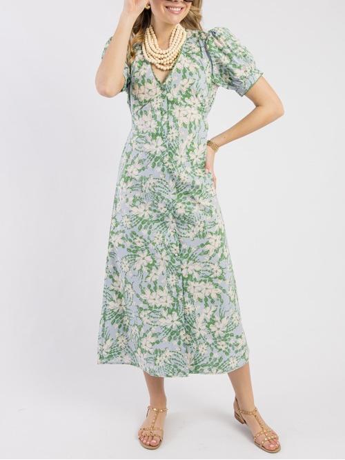 Women's Green Floral-Print V-Neck Dress