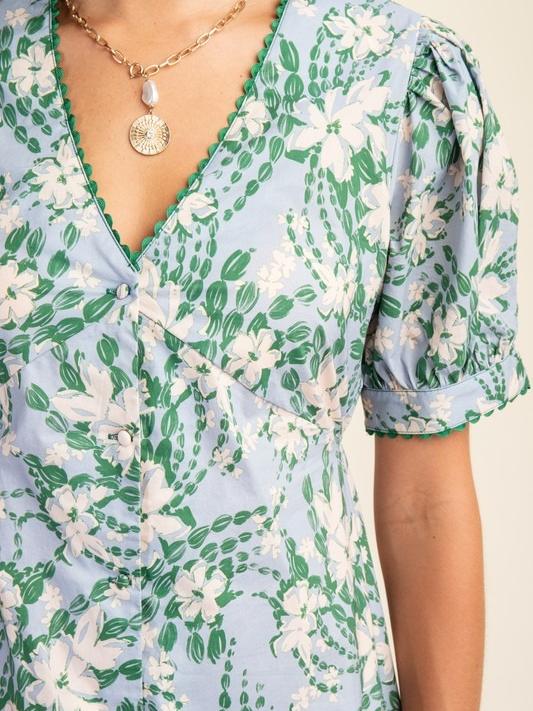 Women's Green Floral-Print V-Neck Dress
