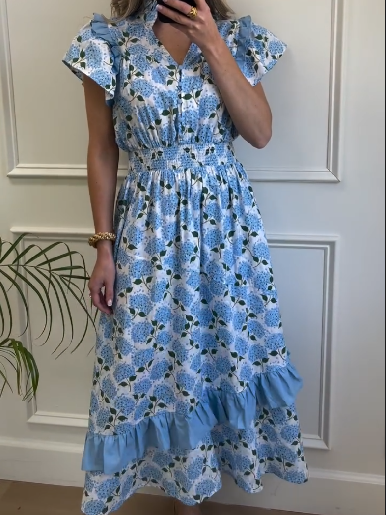Elegant Blue Floral Print Dress With Fly Sleeves