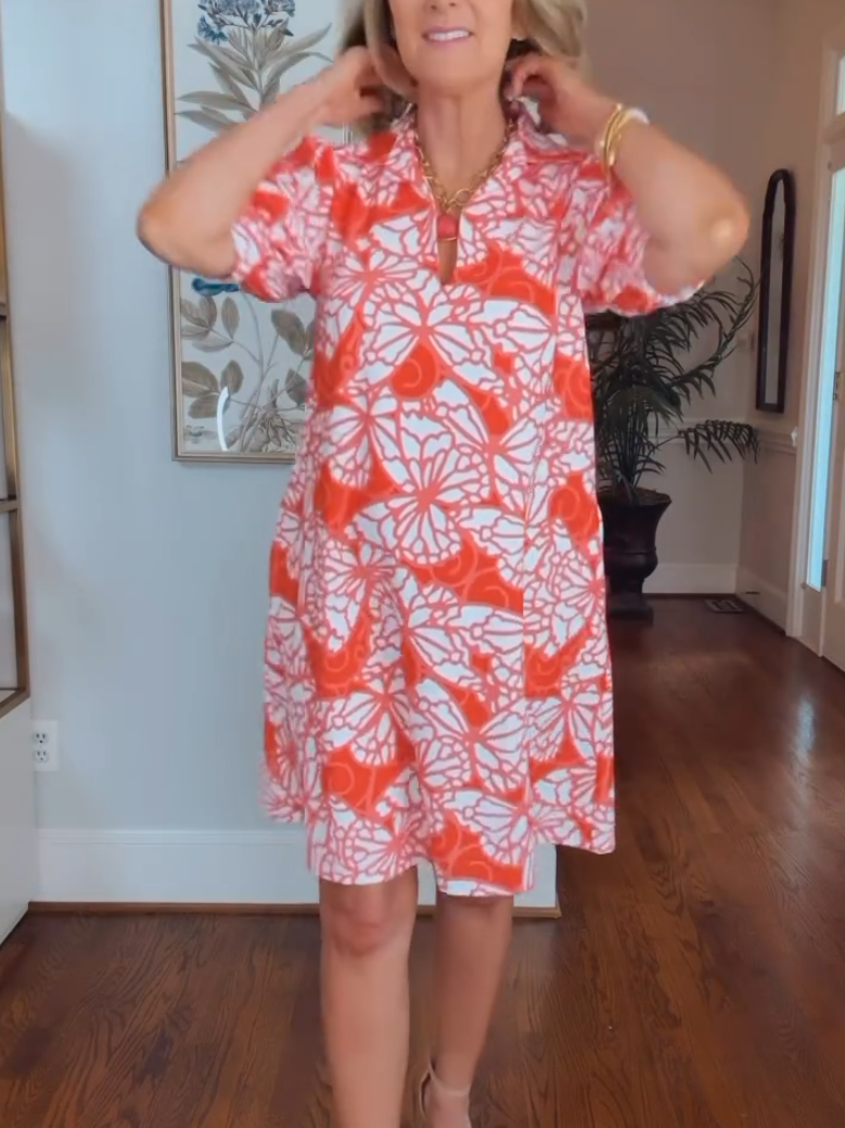 Casual Orange Butterfly Print Shirt Dress