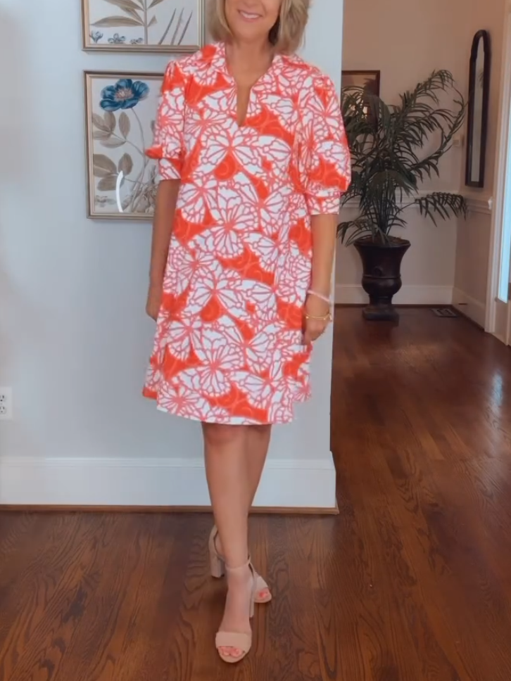 Casual Orange Butterfly Print Shirt Dress