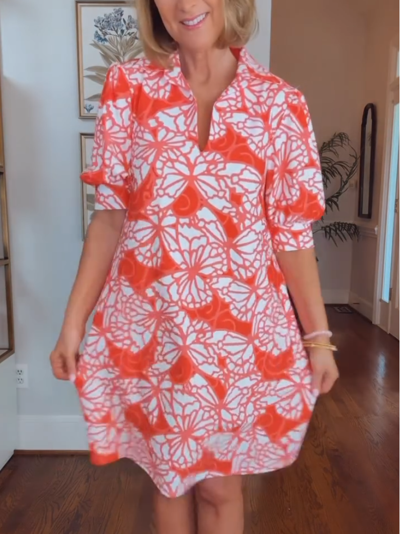 Casual Orange Butterfly Print Shirt Dress