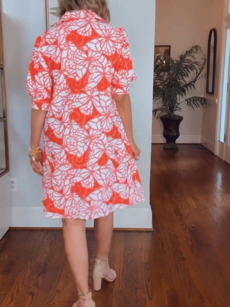 Casual Orange Butterfly Print Shirt Dress