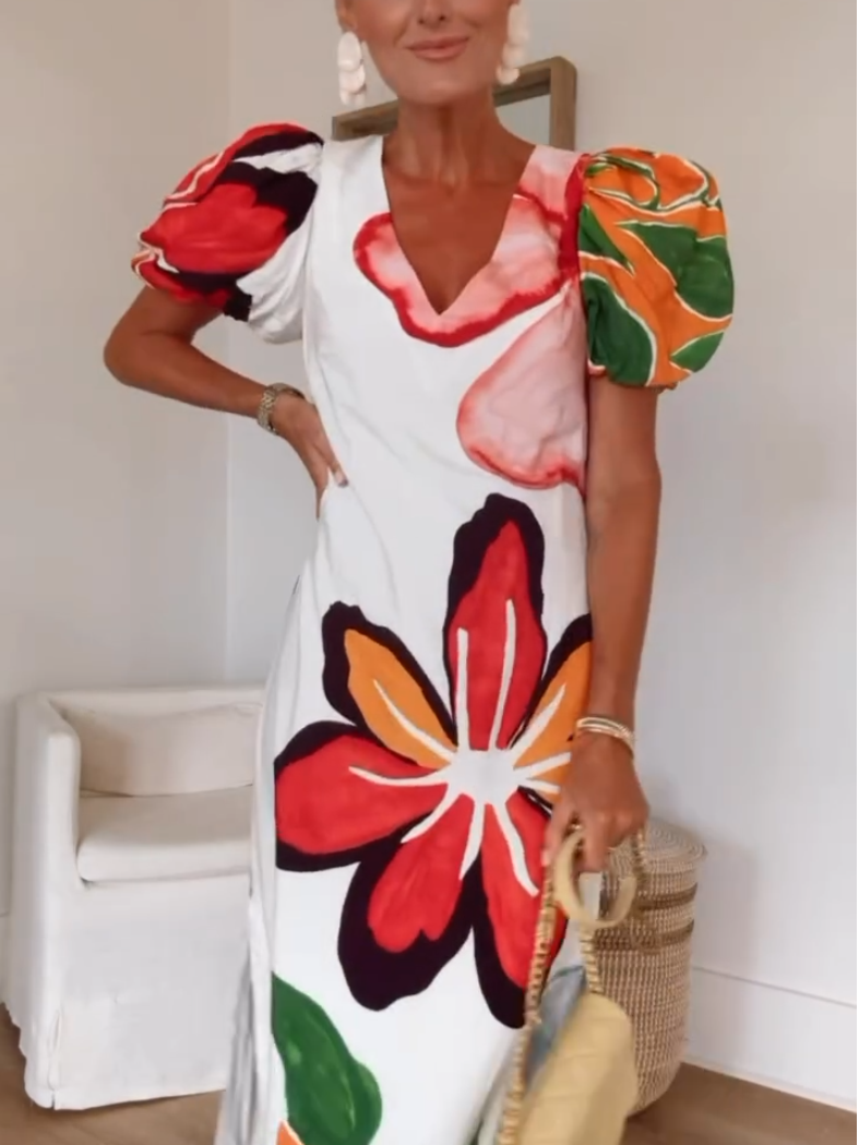 Stunning V-neck Floral Print Puff Sleeve Dress
