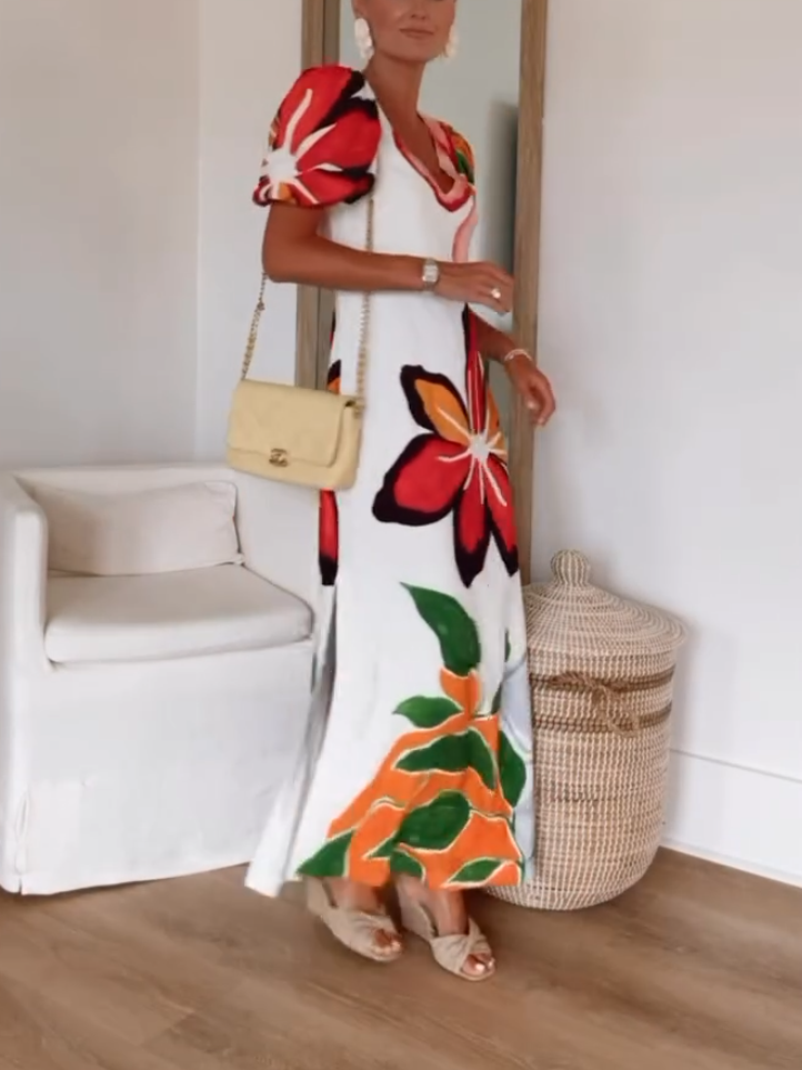 Stunning V-neck Floral Print Puff Sleeve Dress
