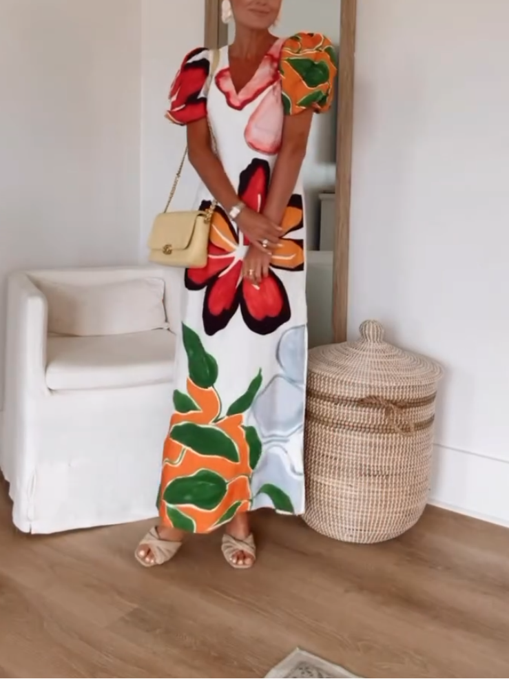 Stunning V-neck Floral Print Puff Sleeve Dress