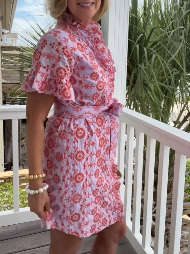 Elegant Pink Lace-Up Shirt Dress