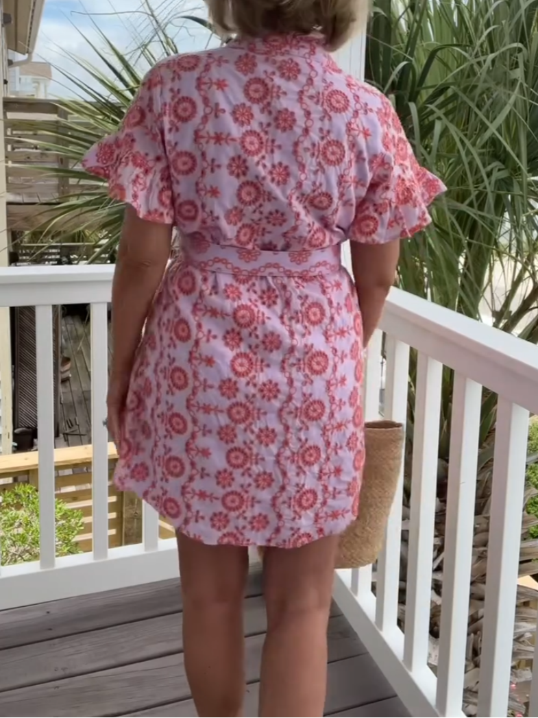 Elegant Pink Lace-Up Shirt Dress