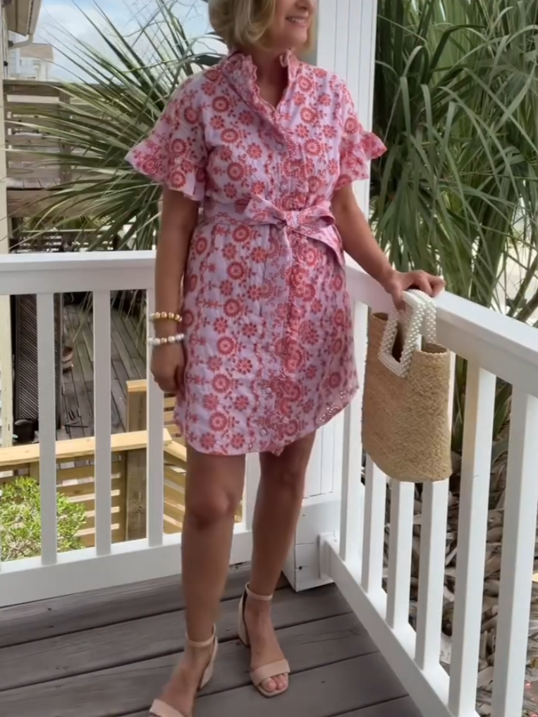 Elegant Pink Lace-Up Shirt Dress