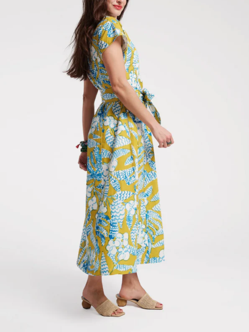 Elegant Blue Flower Print Lace-up Midi Dress