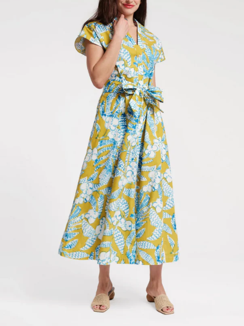 Elegant Blue Flower Print Lace-up Midi Dress