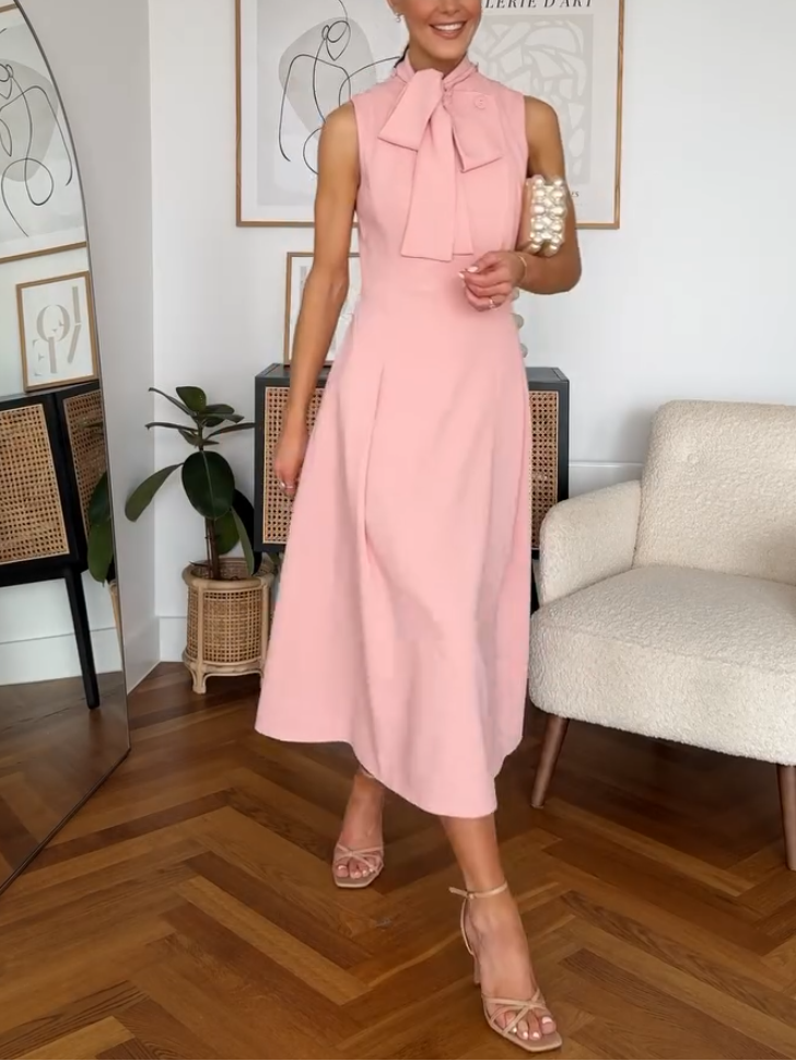 Elegant Pink Bow Tie Collar Dress