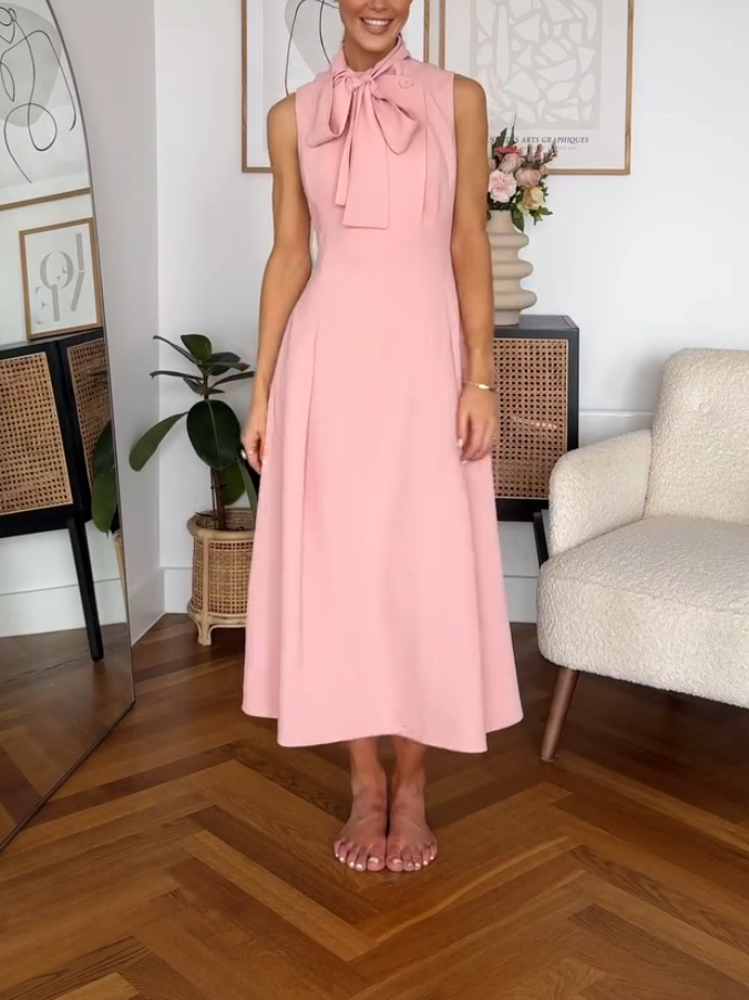 Elegant Pink Bow Tie Collar Dress