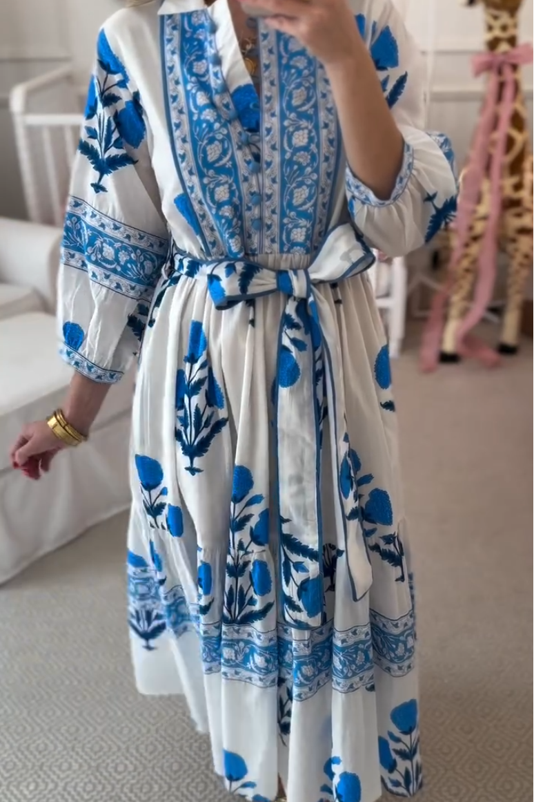 Elegant Blue Floral Print Lace-Up Dress