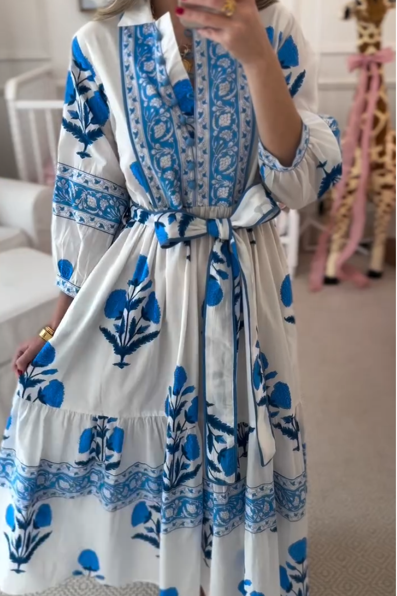 Elegant Blue Floral Print Lace-Up Dress