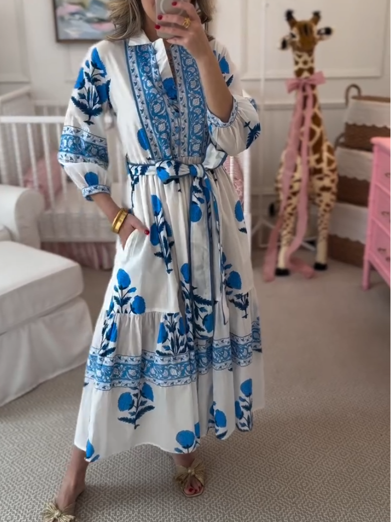 Elegant Blue Floral Print Lace-Up Dress