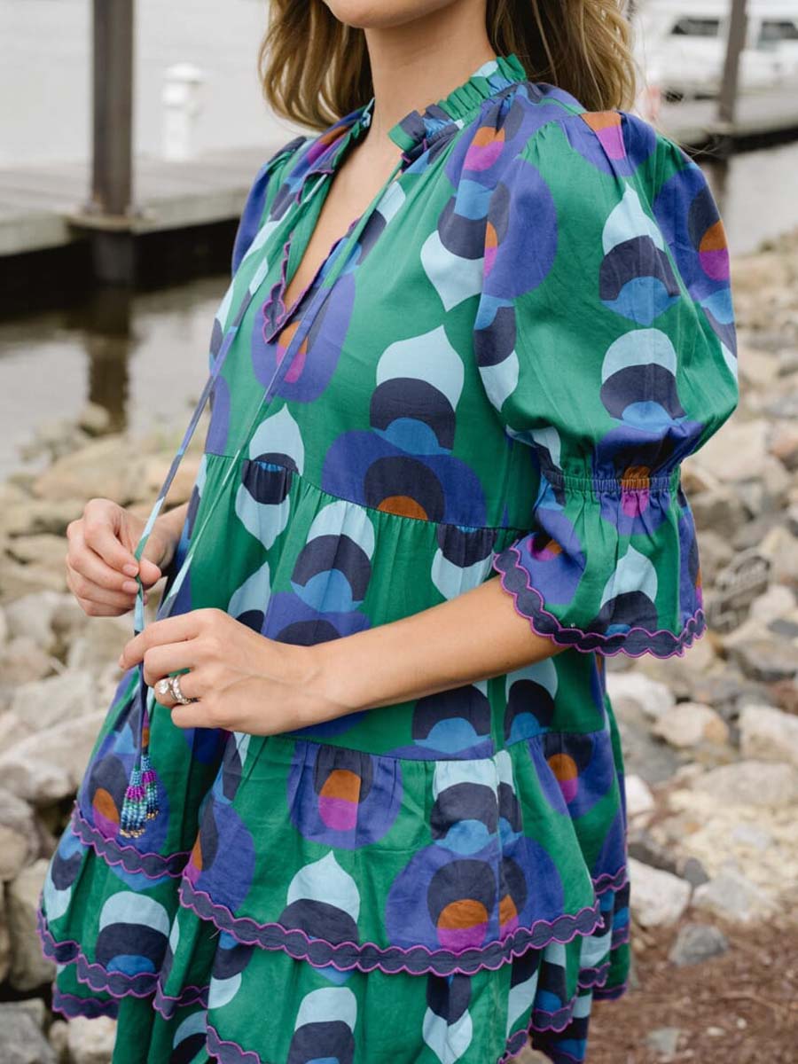 V Neck Ruffled Printed Mini Dress