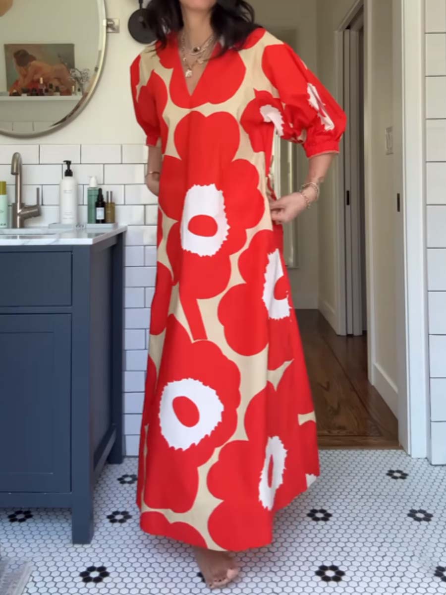Printed V Neck Puff Sleeve Dress