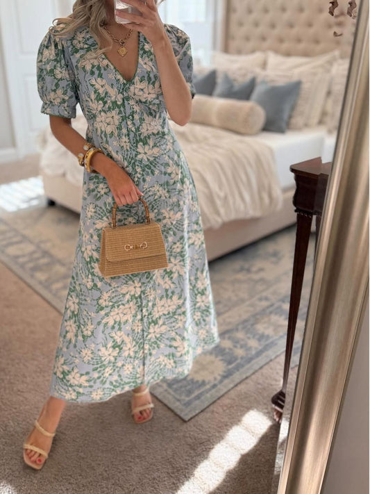 Women's Green Floral-Print V-Neck Dress