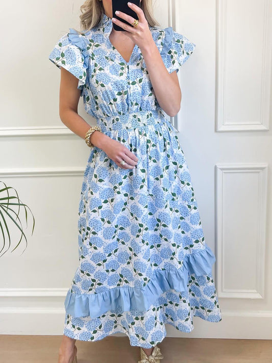 Elegant Blue Floral Print Dress With Fly Sleeves