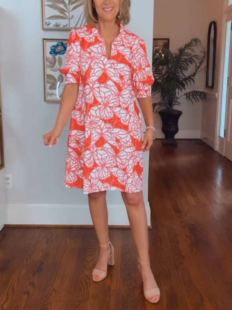 Casual Orange Butterfly Print Shirt Dress
