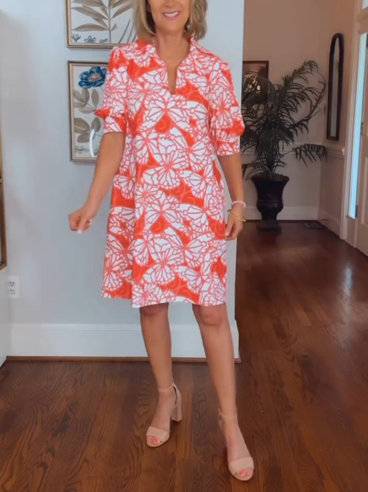 Casual Orange Butterfly Print Shirt Dress