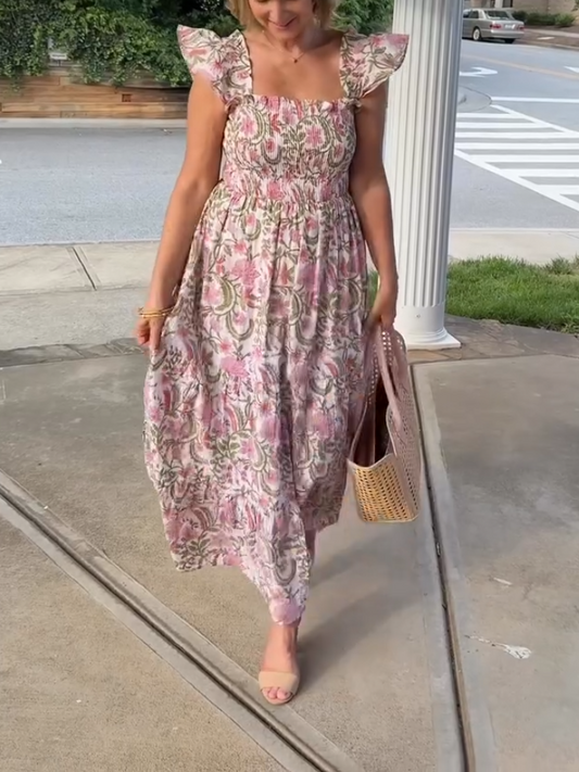 Elegant Purple Flower Print Flying Sleeve Dress