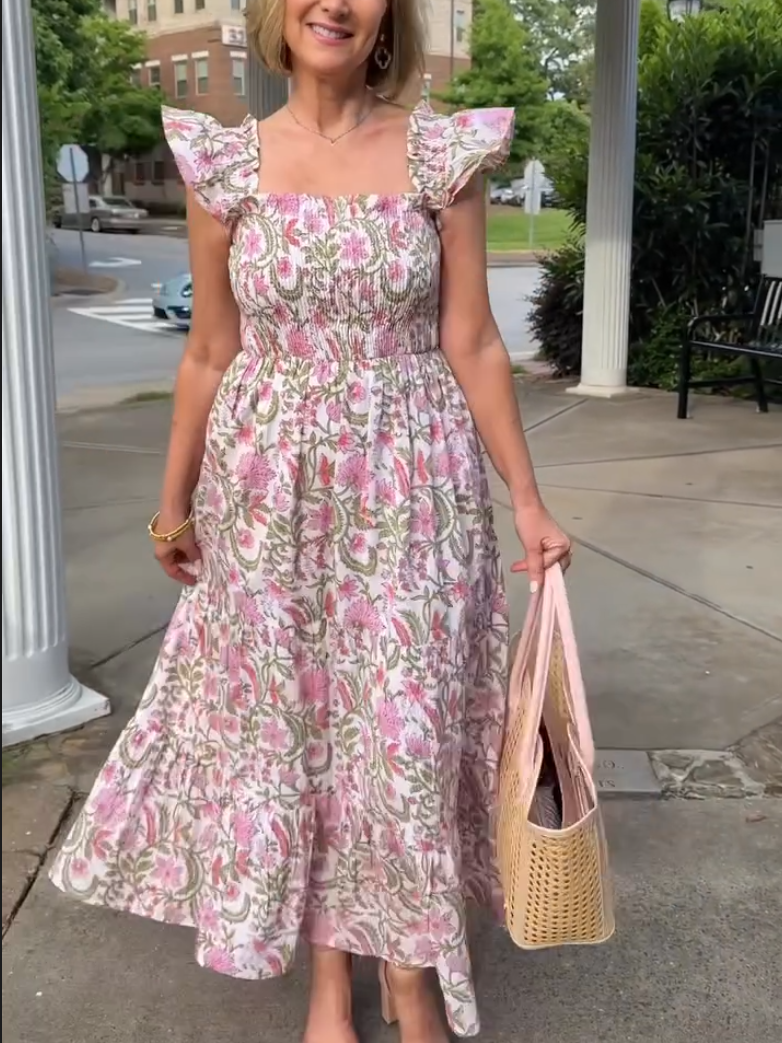 Elegant Purple Flower Print Flying Sleeve Dress