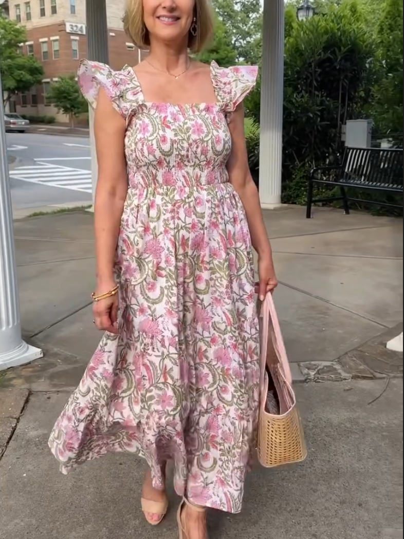 Elegant Purple Flower Print Flying Sleeve Dress