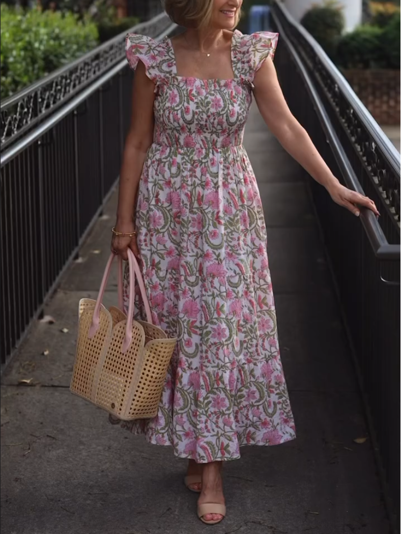 Elegant Purple Flower Print Flying Sleeve Dress