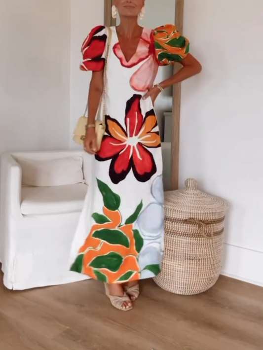 Stunning V-neck Floral Print Puff Sleeve Dress