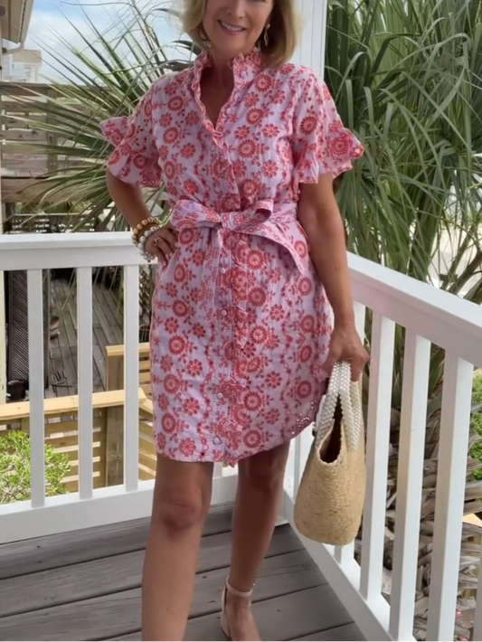 Elegant Pink Lace-Up Shirt Dress