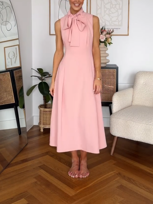 Elegant Pink Bow Tie Collar Dress