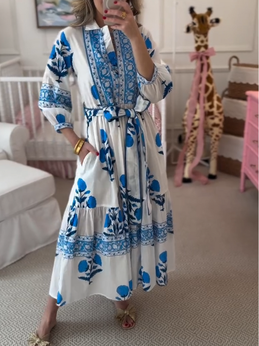 Elegant Blue Floral Print Lace-Up Dress